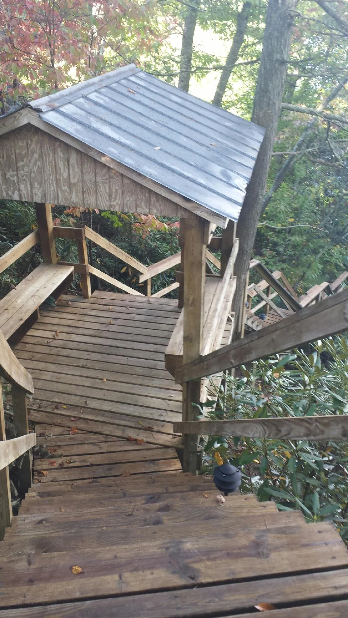 Metal roofed shelter over wooden steps on a wooded walkway — Skylight Repair & Installation work by our crew in Coeymans